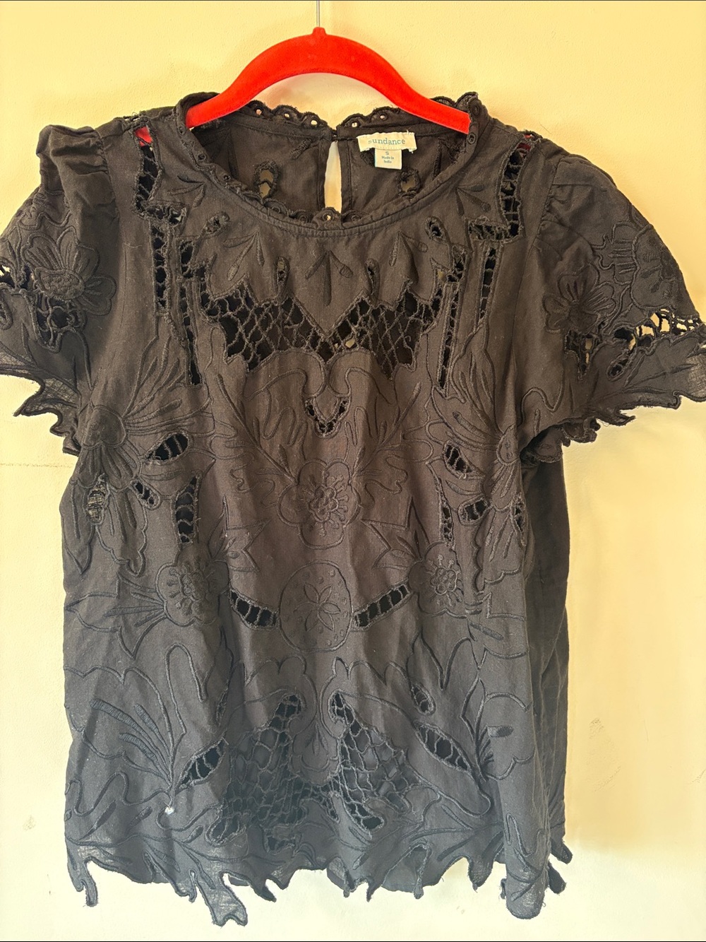 Sundance Black Embroidered Cutout Short Sleeve Blouse